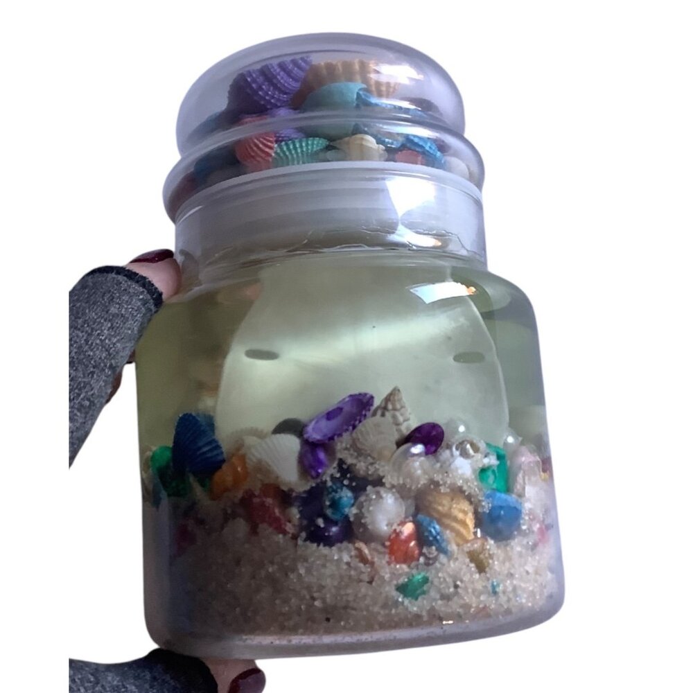 Vtg Glass Jar Gel Candle Colorful Seashells &‎ Sand Beach Themed Home Decor 5.5”